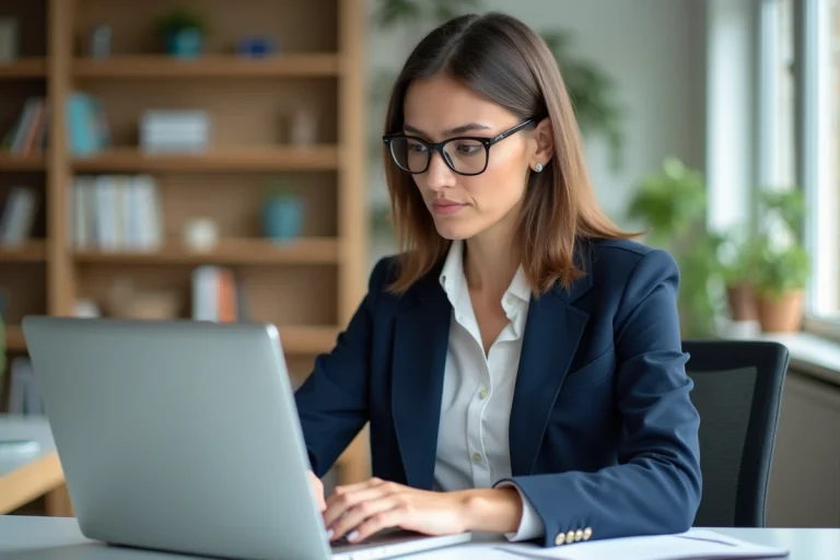 Femme enseignante accédant au webmail académique sur un ordinateur portable dans un bureau scolaire professionnel