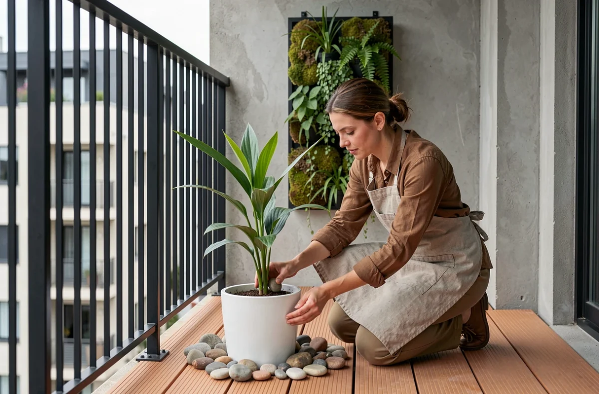 Femme aménageant un balcon contemporain avec plantes en pot, galets et jardinière verticale en style minimaliste