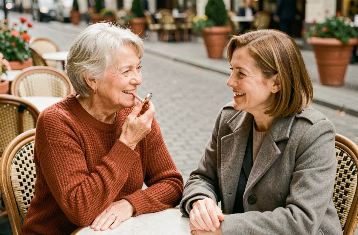 Deux amies seniors partageant un moment rouge à lèvres en terrasse de café en automne