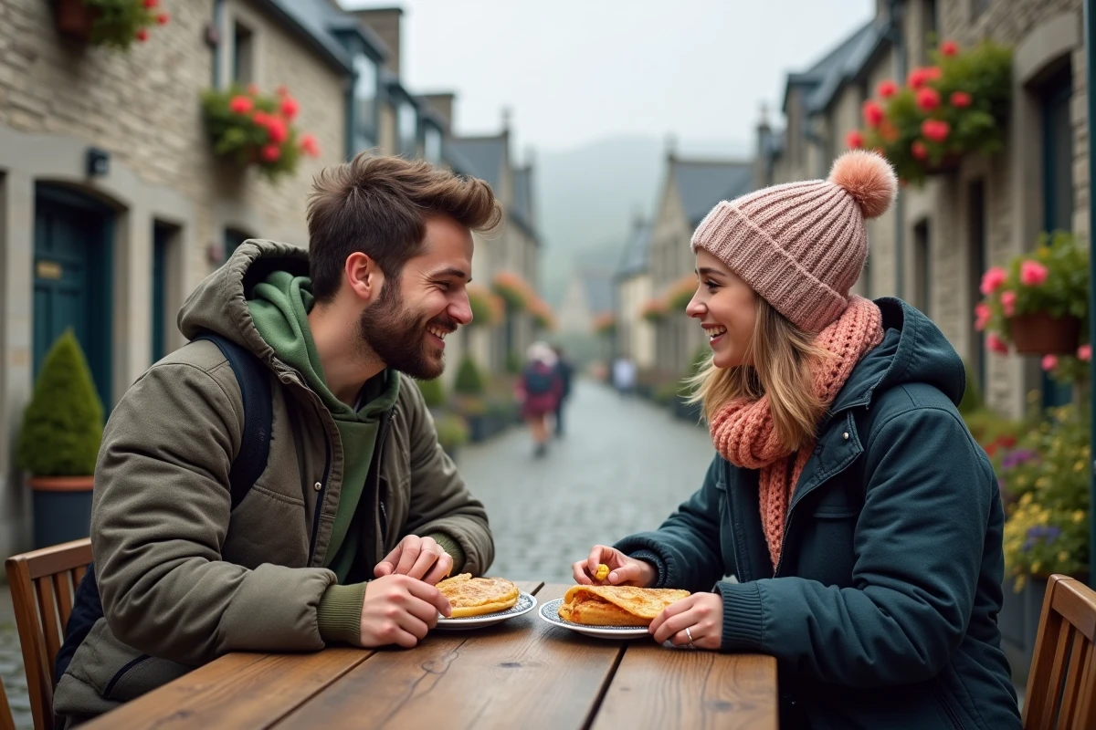 Amis partageant des crepes dans un village breton