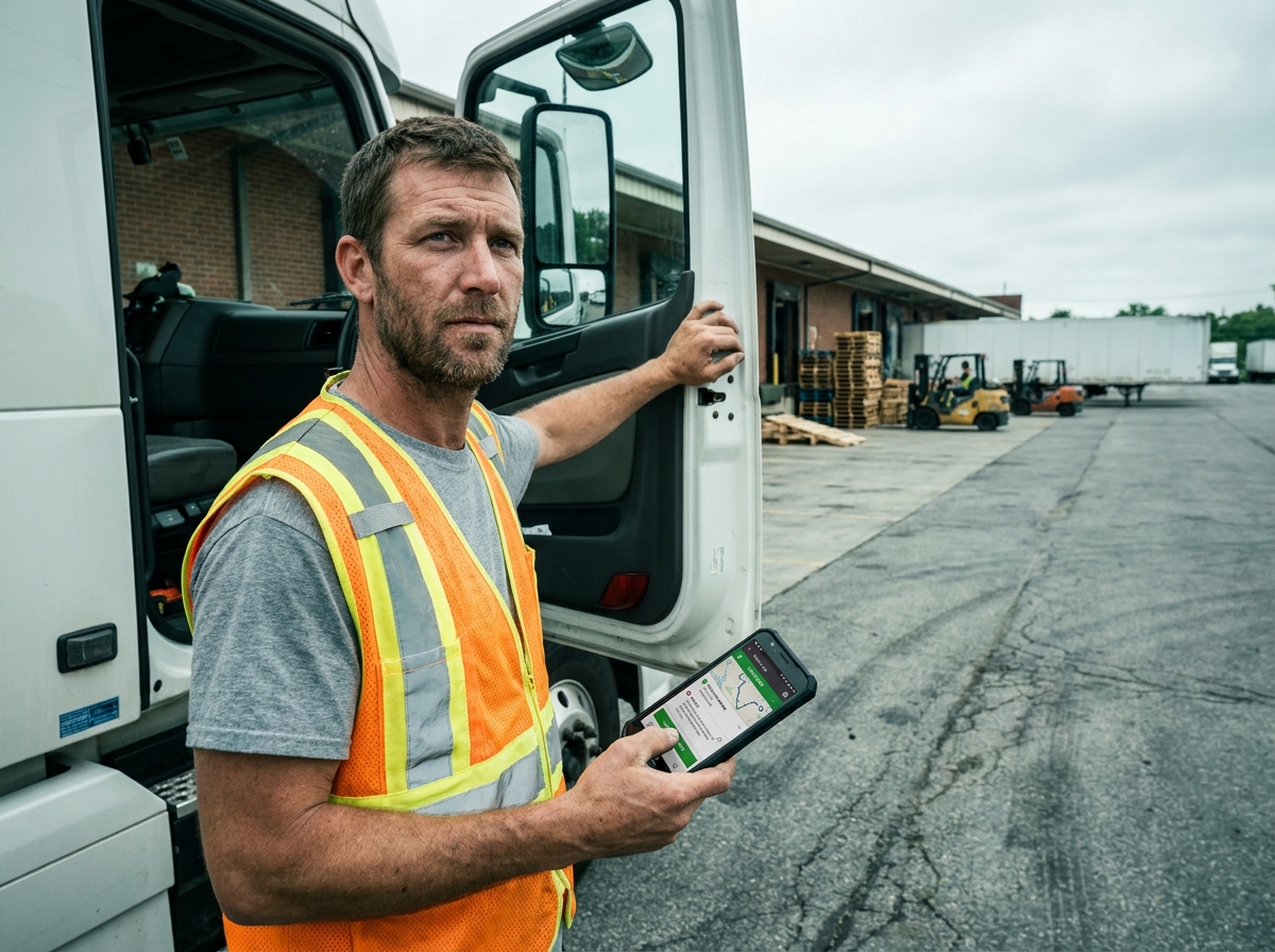Chauffeur de camion consultant une application de suivi de livraison sur smartphone dans une cour logistique