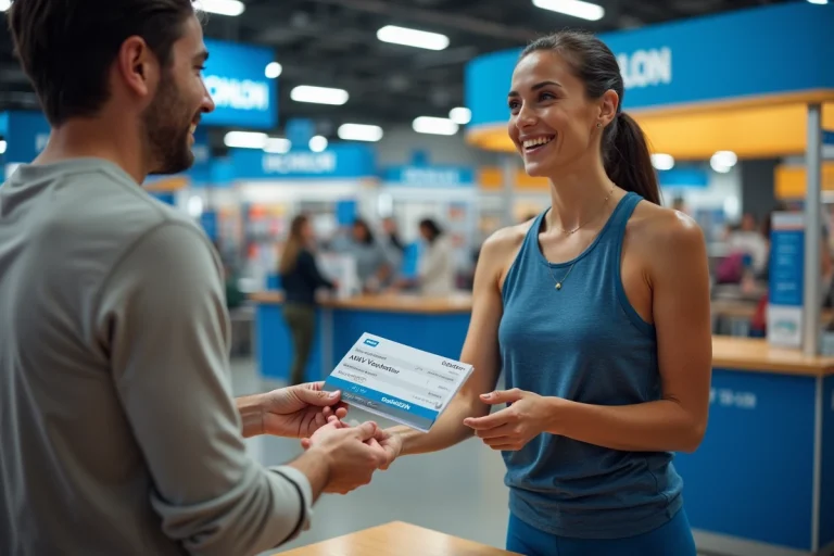 Femme utilisant des chèques vacances ANCV à la caisse d'un magasin Decathlon pour payer des articles de sport