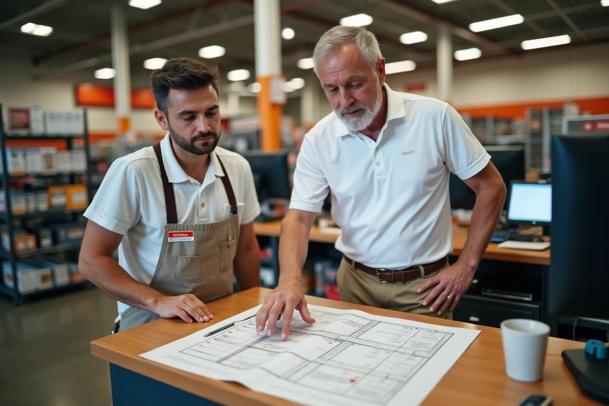 Client discutant des configurations de hauteur d'échafaudage avec un vendeur au comptoir de location d'une grande surface de bricolage
