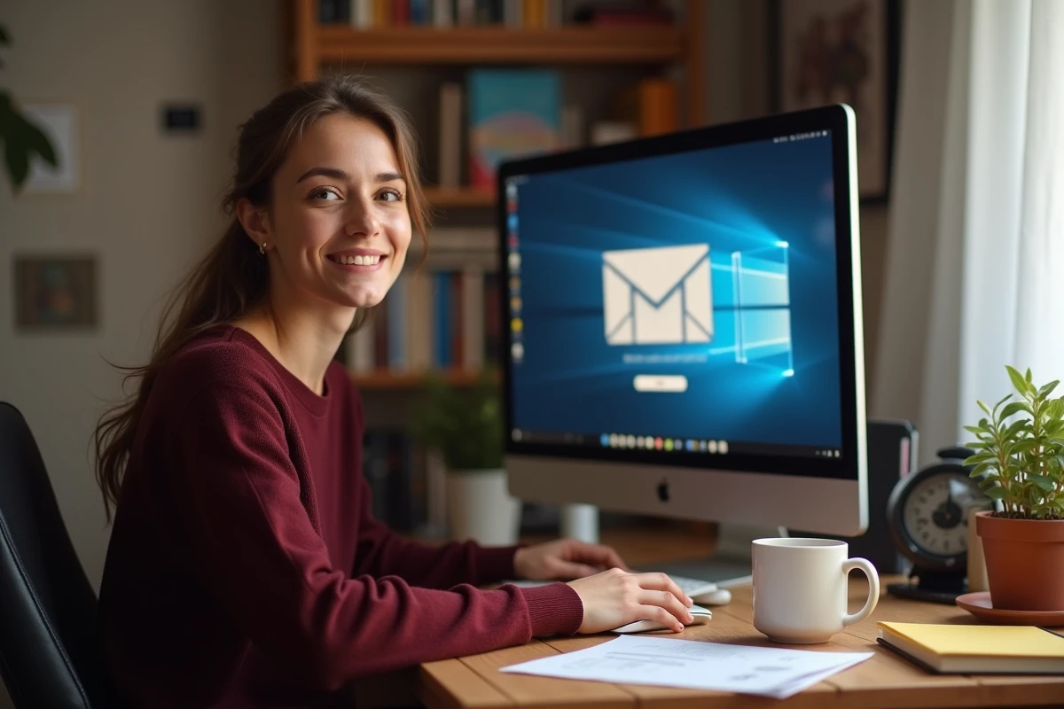 Jeune femme se connectant à l'interface webmail de l'académie de Strasbourg depuis un bureau à domicile