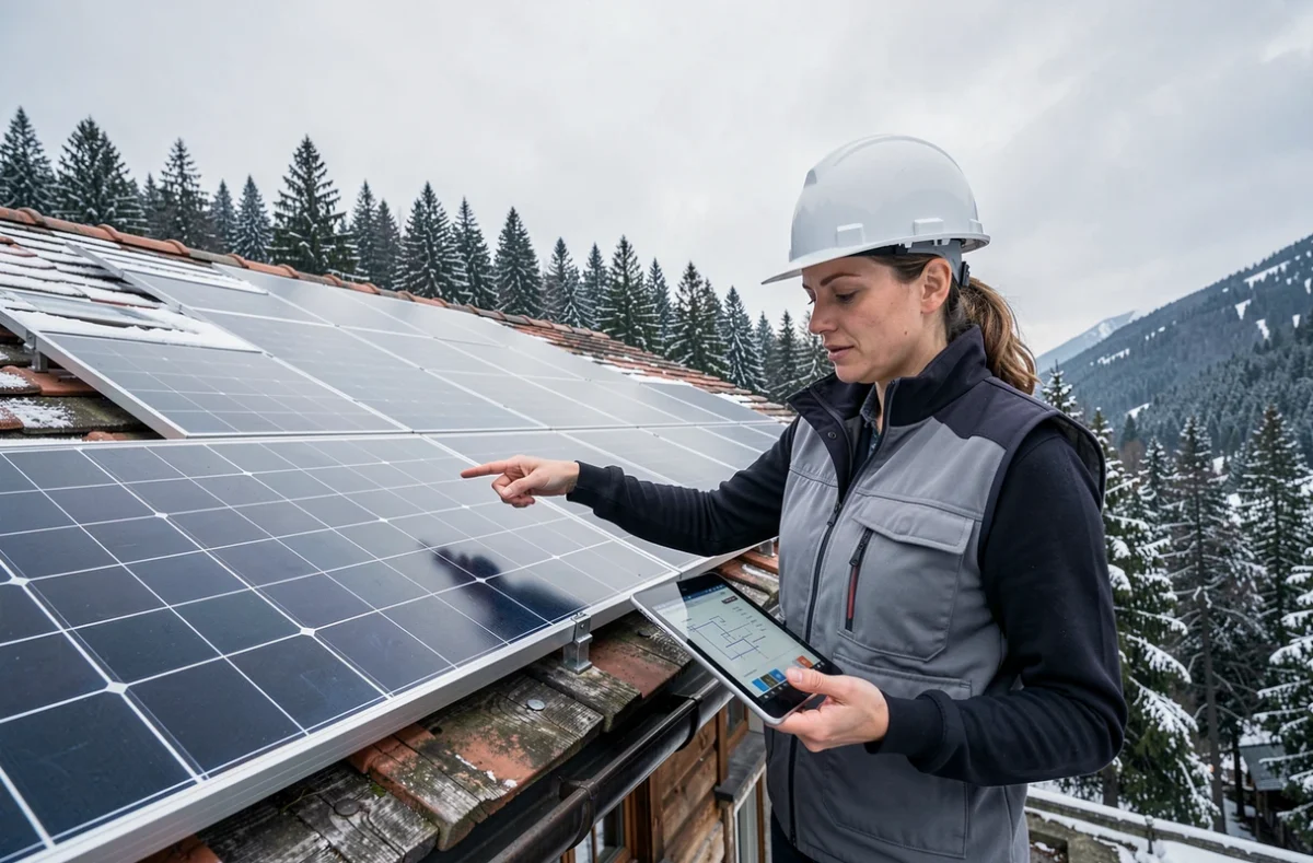 Consultante en énergie inspectant des panneaux solaires sur un chalet suisse dans le cadre d'une rénovation énergétique subventionnée