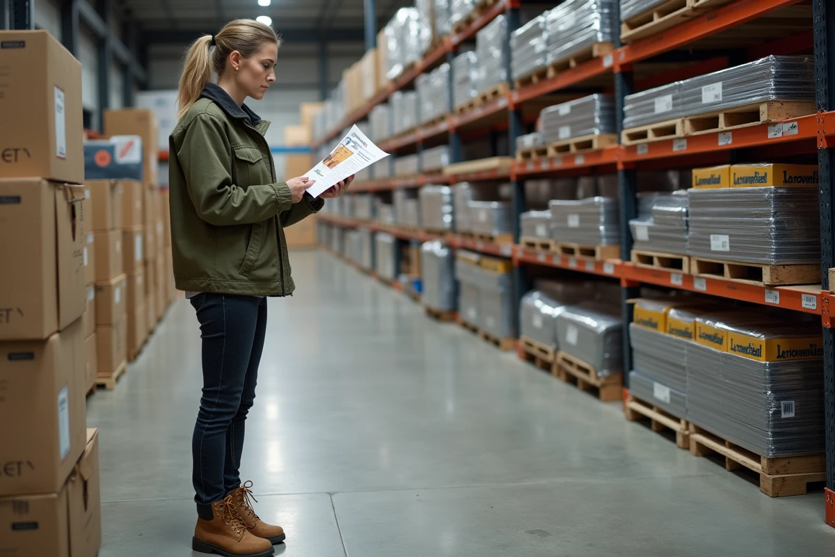 Femme consultant un guide de location d'échafaudage dans un rayon de magasin Leroy Merlin