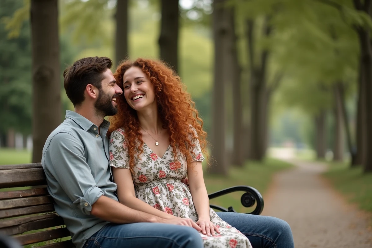 Couple amoureux riant ensemble sur un banc en bois dans un parc verdoyant, atmosphère romantique et détendue en plein air