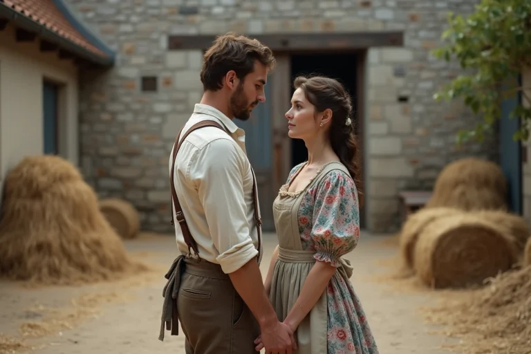 Couple de jeunes paysans du XIXe siècle se tenant la main dans une cour de ferme en pierre, regard tendre et vêtements ruraux traditionnels