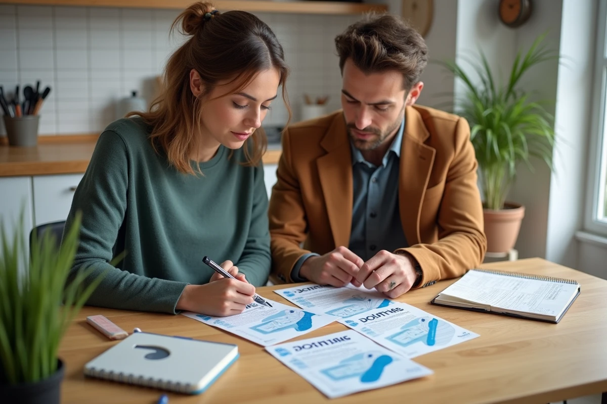 Couple planifiant leurs achats Decathlon avec des chèques vacances ANCV posés sur une table de cuisine avec des notes de budget