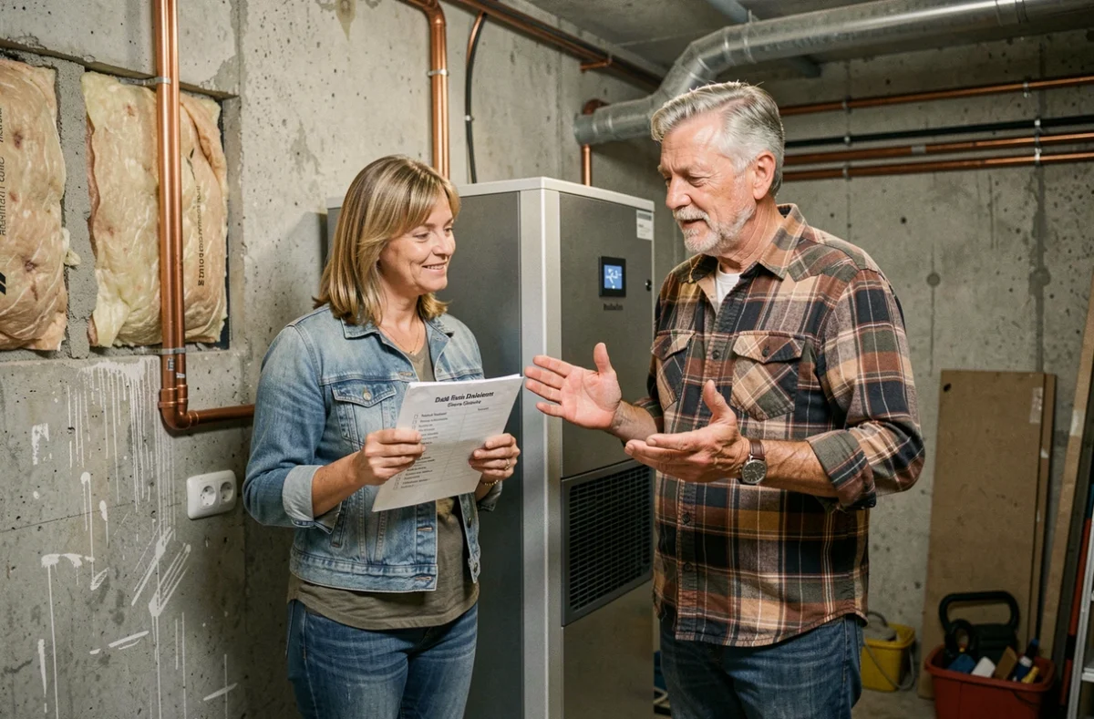Couple suisse examinant l'installation d'une pompe à chaleur dans leur sous-sol lors d'une rénovation énergétique aidée par des subventions