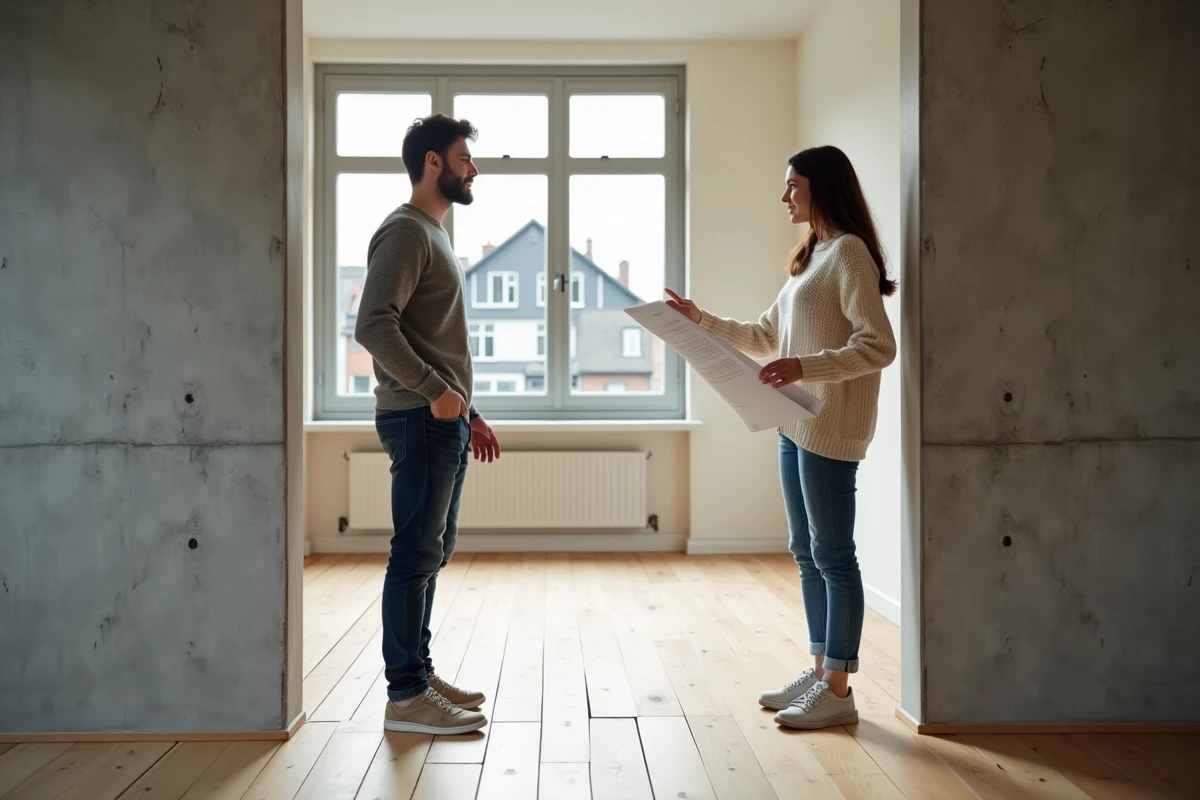 Couple visitant un appartement vide lors d'un projet d'achat immobilier en milieu urbain