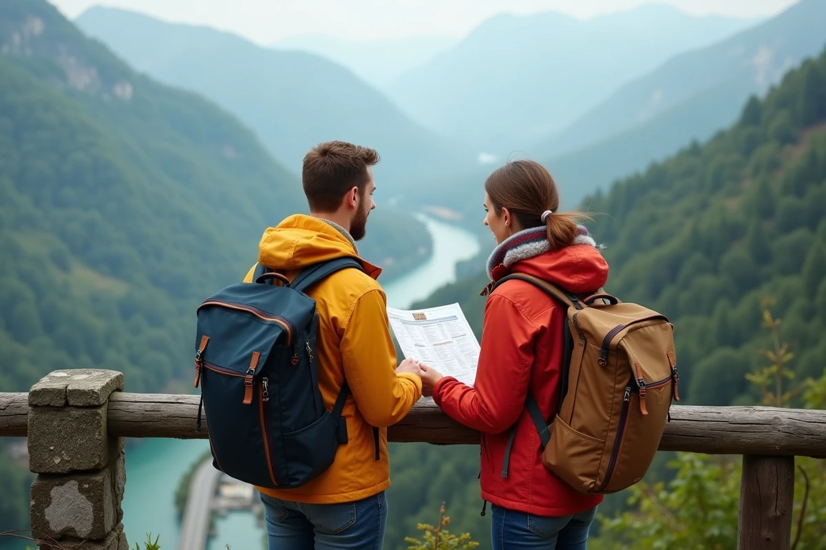 Jeune couple regardant la vallée depuis un point de vue