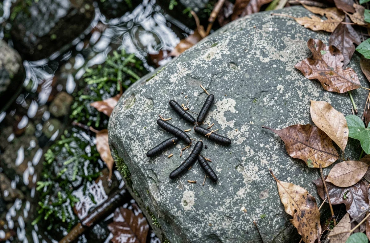 Gros plan de crottes de salamandre sur une pierre humide au bord d'un ruisseau en forêt