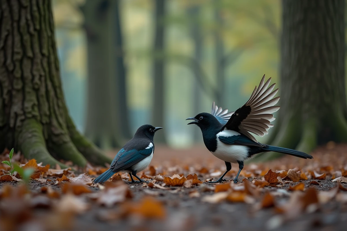 Deux pies dans une clairière forestière humide, l'une criant ailes déployées parmi les feuilles mortes