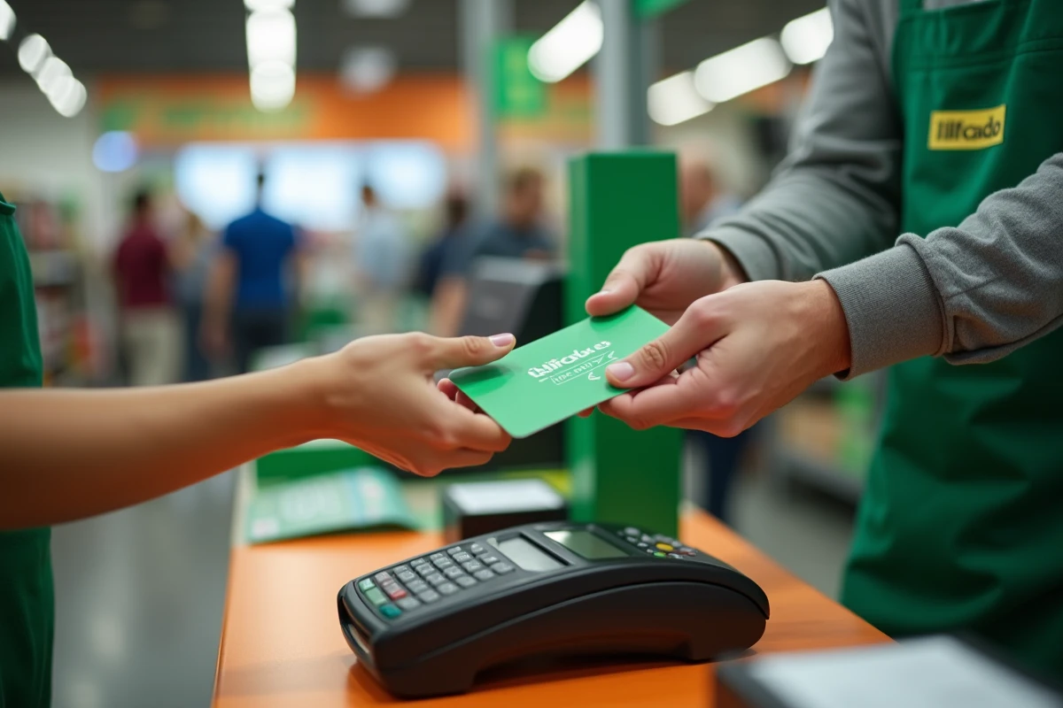 Échange d'une carte cadeau Illicado à la caisse d'un magasin Leroy Merlin entre client et caissier