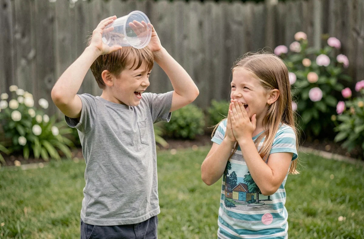 Deux enfants dans un jardin réalisant un gage amusant en extérieur, l'un équilibrant un gobelet sur sa tête pendant que l'autre rit