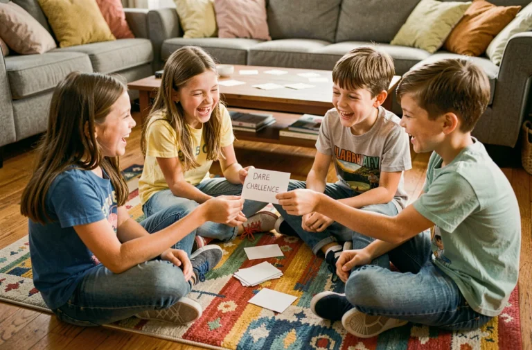 Groupe d'enfants assis en cercle sur un tapis jouant à un jeu de gages avec des cartes, riant ensemble dans un salon chaleureux