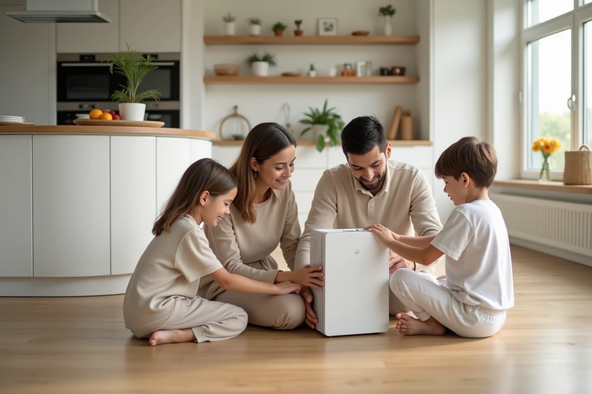 Famille installant un purificateur d