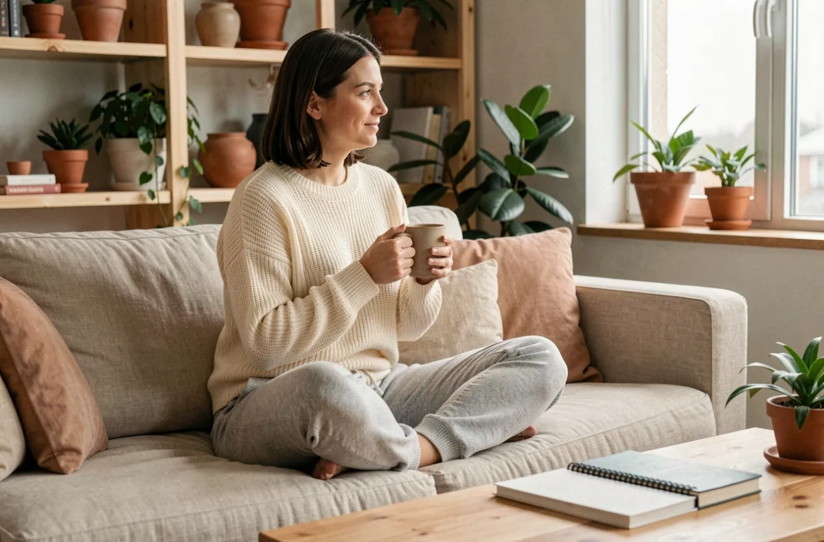Femme sereine savourant une tasse de thé dans un salon cosy et bien organisé, symbole de bien-être au quotidien