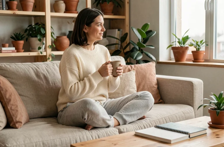 Femme sereine savourant une tasse de thé dans un salon cosy et bien organisé, symbole de bien-être au quotidien