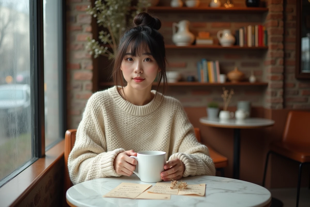 Jeune femme pensive dans un café parisien lisant des lettres d'amour manuscrites avec un bouquet de fleurs séchées sur la table
