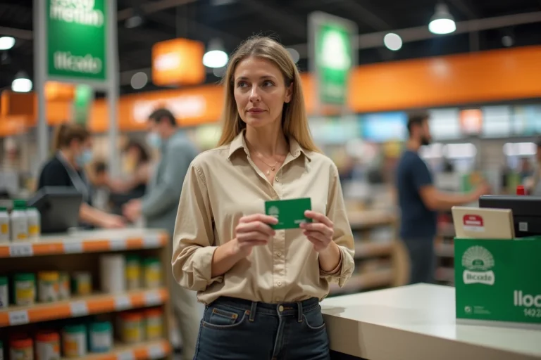 Femme utilisant une carte cadeau Illicado à la caisse d'un magasin Leroy Merlin