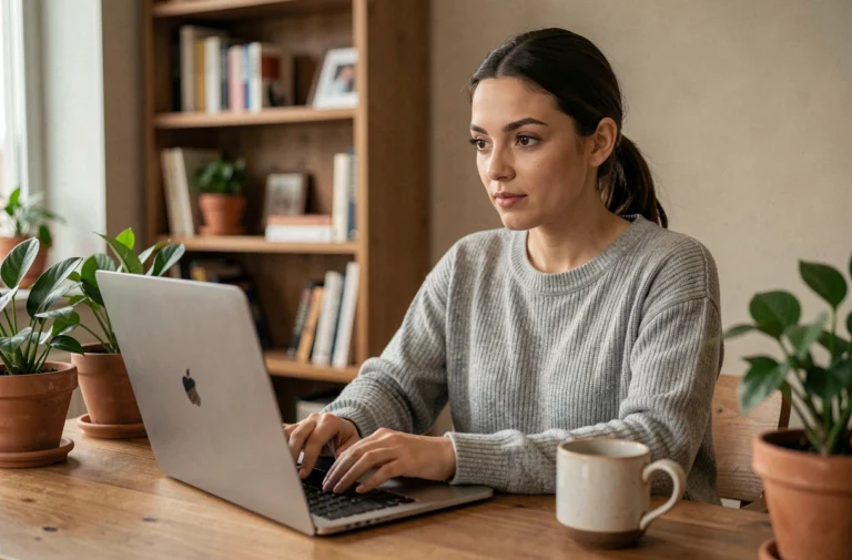 Femme utilisant un ordinateur portable pour explorer des alternatives légales aux chats anonymes en ligne