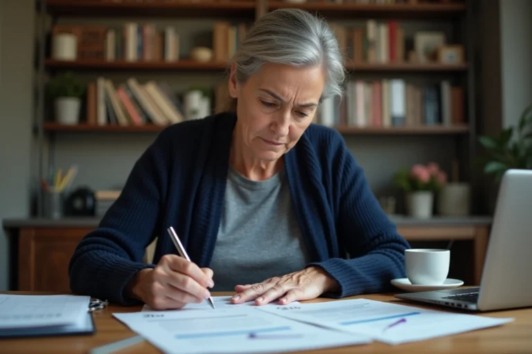 Femme consultant ses documents fiscaux pour corriger une erreur sur le formulaire H1 des impôts