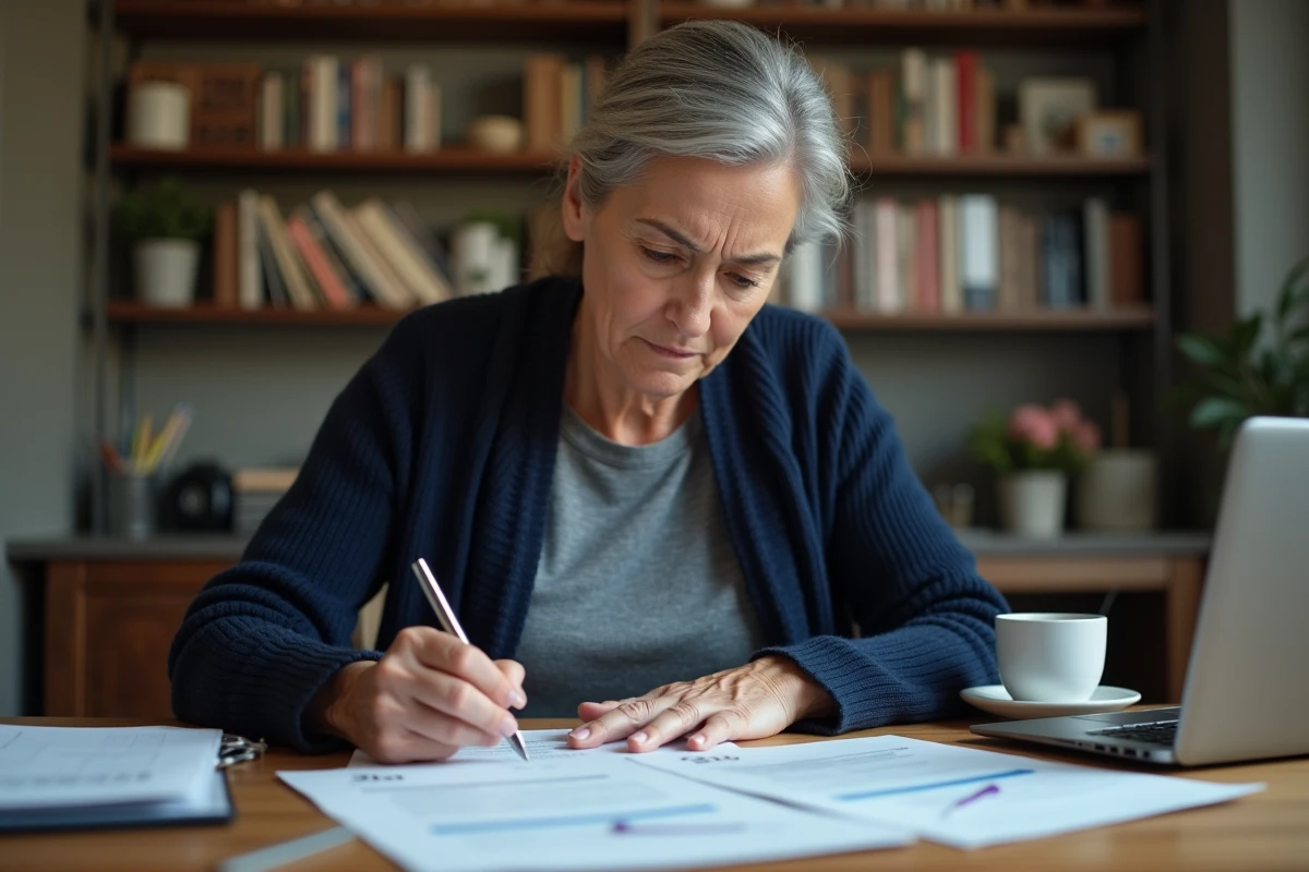 Femme consultant ses documents fiscaux pour corriger une erreur sur le formulaire H1 des impôts