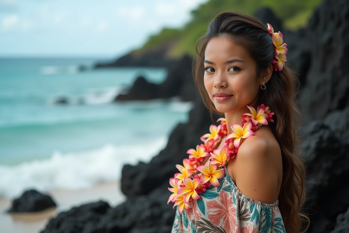 Femme polynésienne portant un lei de fleurs de frangipanier sur une plage volcanique hawaïenne