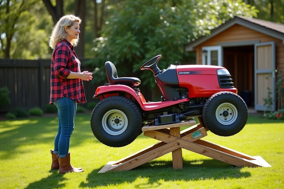 Femme utilisant un lève tracteur tondeuse artisanal en bois et métal dans un jardin avec une tondeuse rouge surélevée