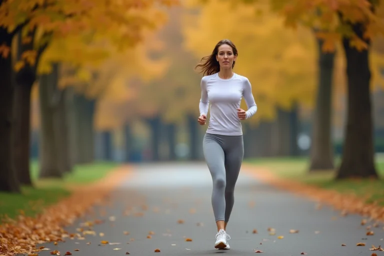 Femme active marchant d'un pas rapide sur un chemin urbain bordé d'arbres en automne pour améliorer sa santé