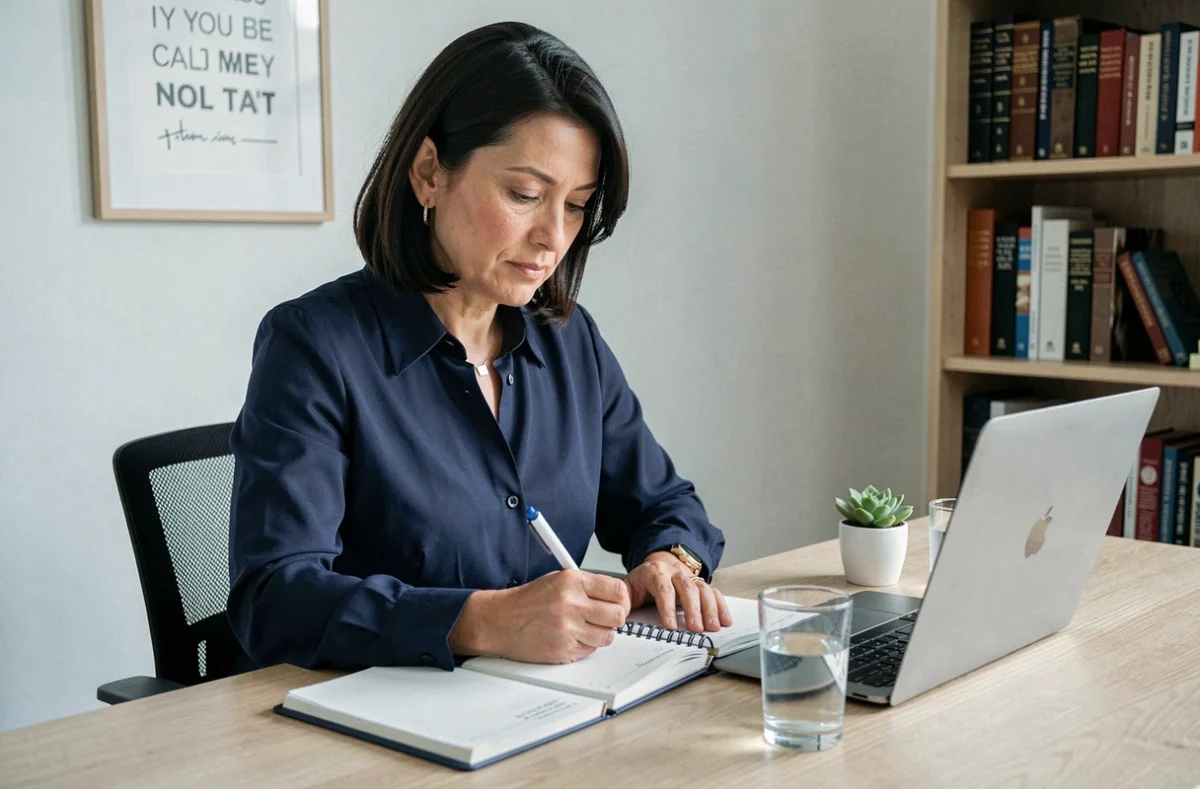 Femme organisée rédigeant ses objectifs dans un agenda papier dans un bureau minimaliste, conseils pratiques pour mieux s'organiser au quotidien