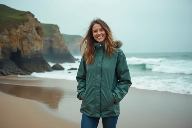 Femme souriante en Bretagne au bord de la mer