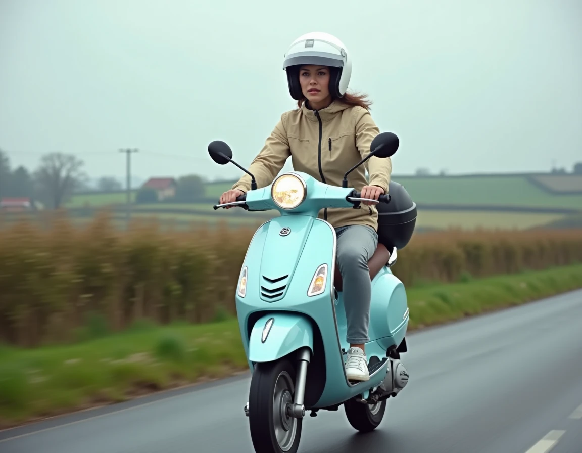 Femme pilotant un scooter 125cc sur une route de campagne, illustrant la vitesse maximale et le comportement du scooter 125 en dehors de la ville