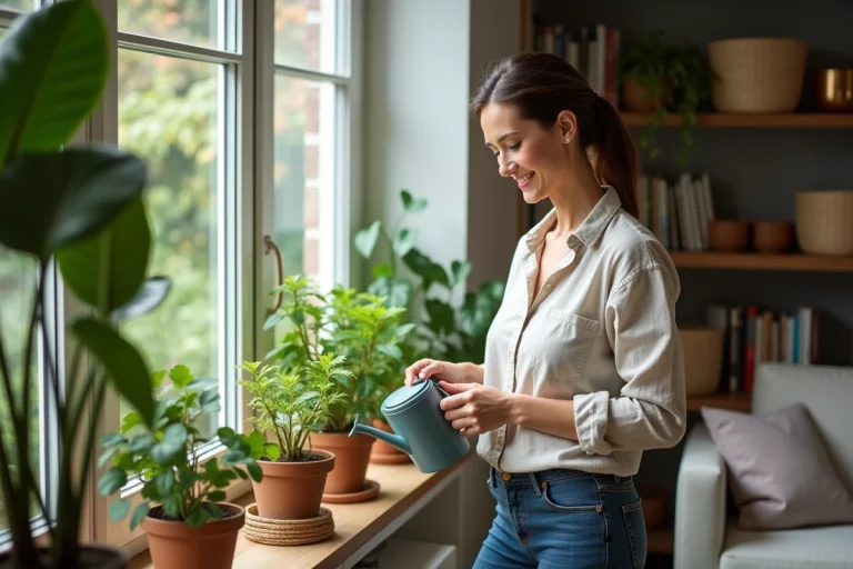 Femme souriante arrosant plantes vertes dans un salon moderne