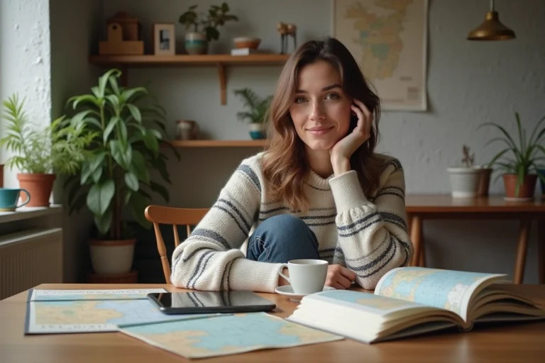 Femme lisant un guide de voyage dans un appartement cosy