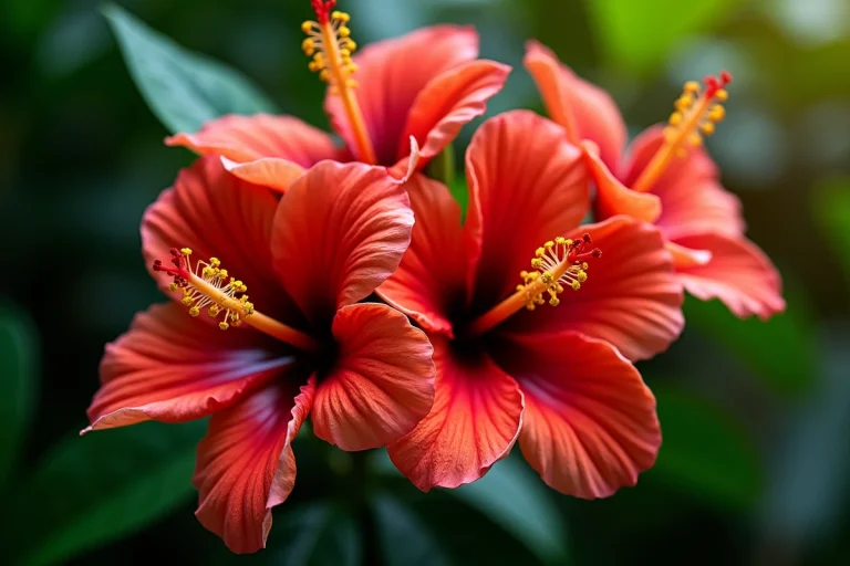 Fleurs d'hibiscus hawaïen rouge et corail en pleine floraison avec feuillage tropical en arrière-plan