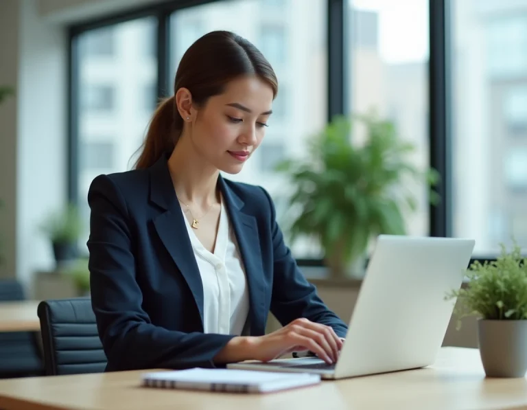 Femme professionnelle gérant ses rendez-vous en ligne sur un ordinateur portable dans un bureau moderne