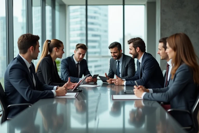 Groupe de professionnels en réunion dans un bureau moderne
