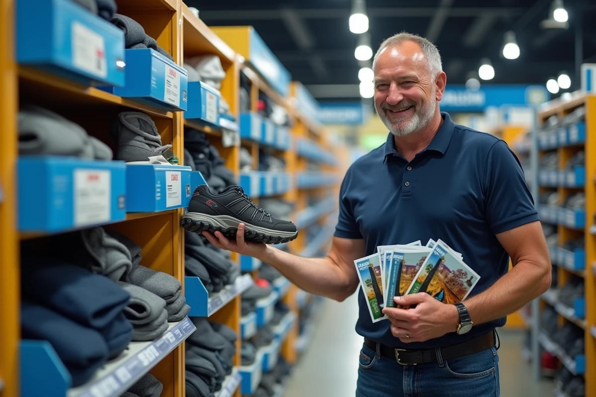 Homme tenant des chèques vacances ANCV et des chaussures de randonnée dans un rayon de matériel outdoor chez Decathlon