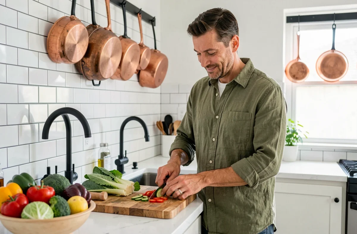 Homme préparant des légumes frais dans une cuisine moderne, illustrant de saines habitudes alimentaires pour améliorer le quotidien