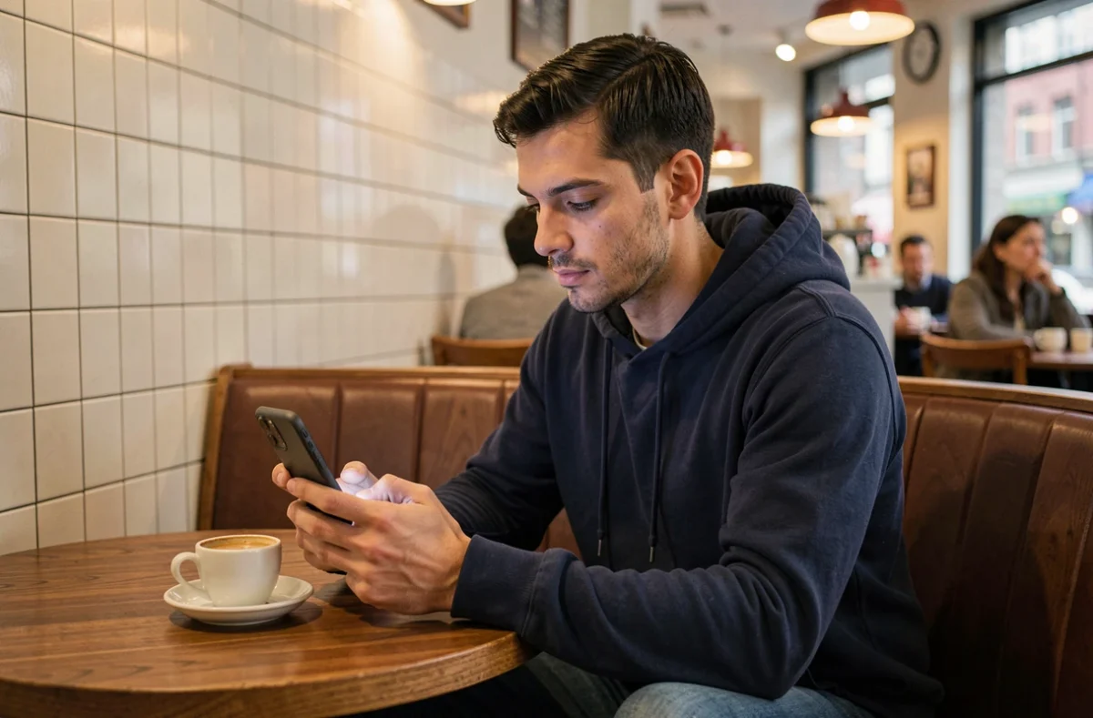 Homme consultant son smartphone dans un café pour trouver une plateforme de chat anonyme alternative