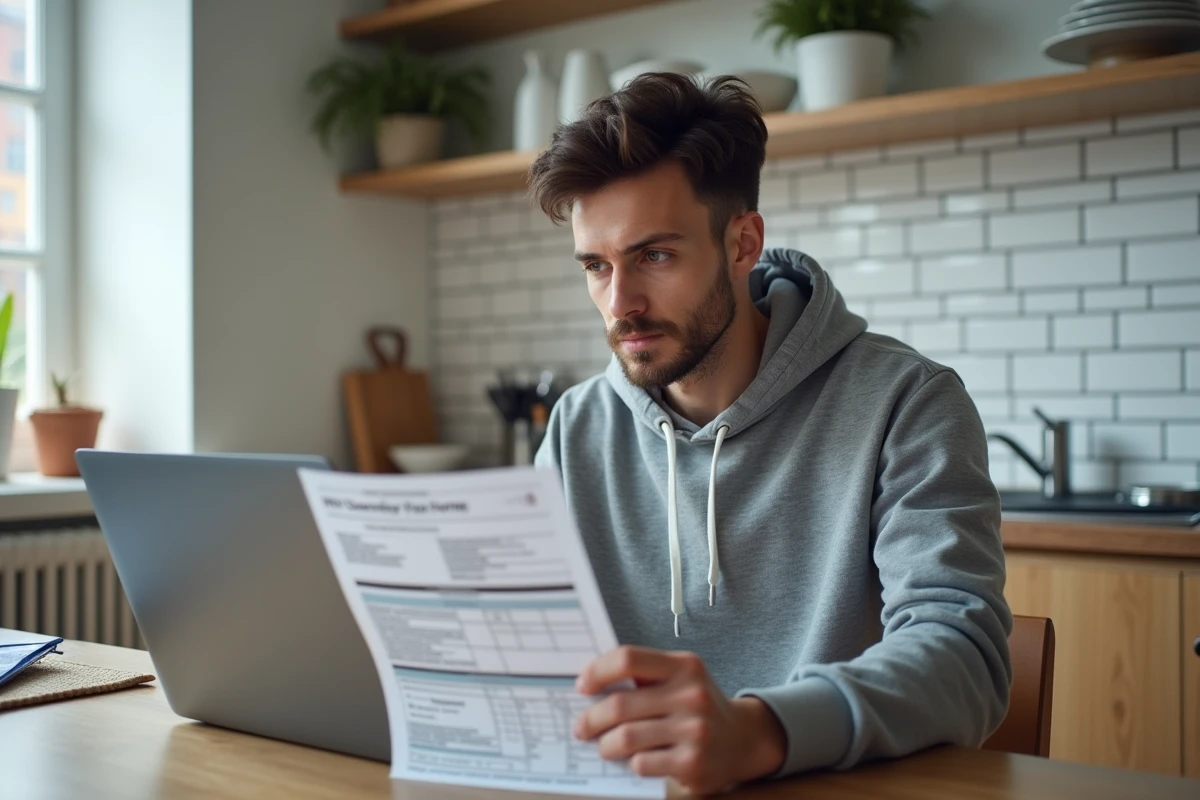 Jeune homme vérifiant en ligne une erreur sur le formulaire H1 des impôts depuis son domicile