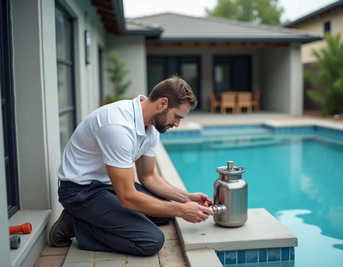 Technicien installant le système de filtration d'une piscine au magnésium dans un jardin résidentiel