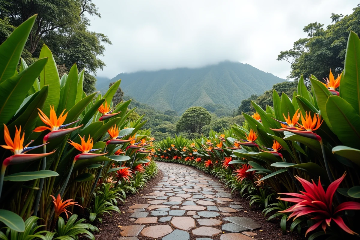 Jardin botanique hawaïen avec fleurs tropicales exotiques anthuriums oiseaux du paradis et gingembre torche