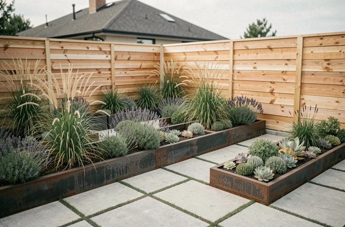 Jardin contemporain urbain avec massifs géométriques en acier corten, dalles béton et graminées ornementales bien ordonnées