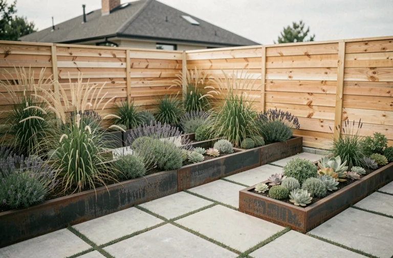 Jardin contemporain urbain avec massifs géométriques en acier corten, dalles béton et graminées ornementales bien ordonnées