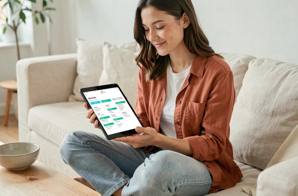 Jeune femme explorant le sitemap d'un magazine en ligne sur une tablette dans un salon minimaliste
