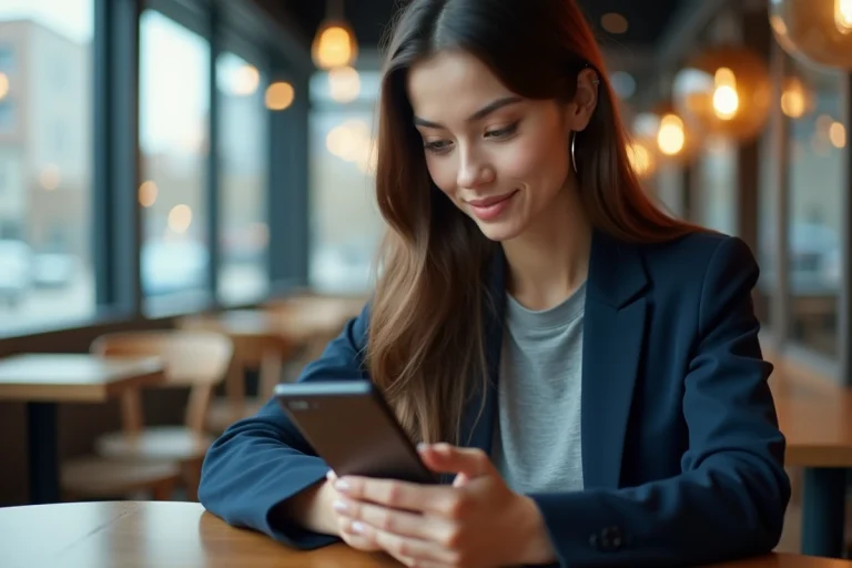 Jeune femme curieuse avec smartphone dans un café moderne